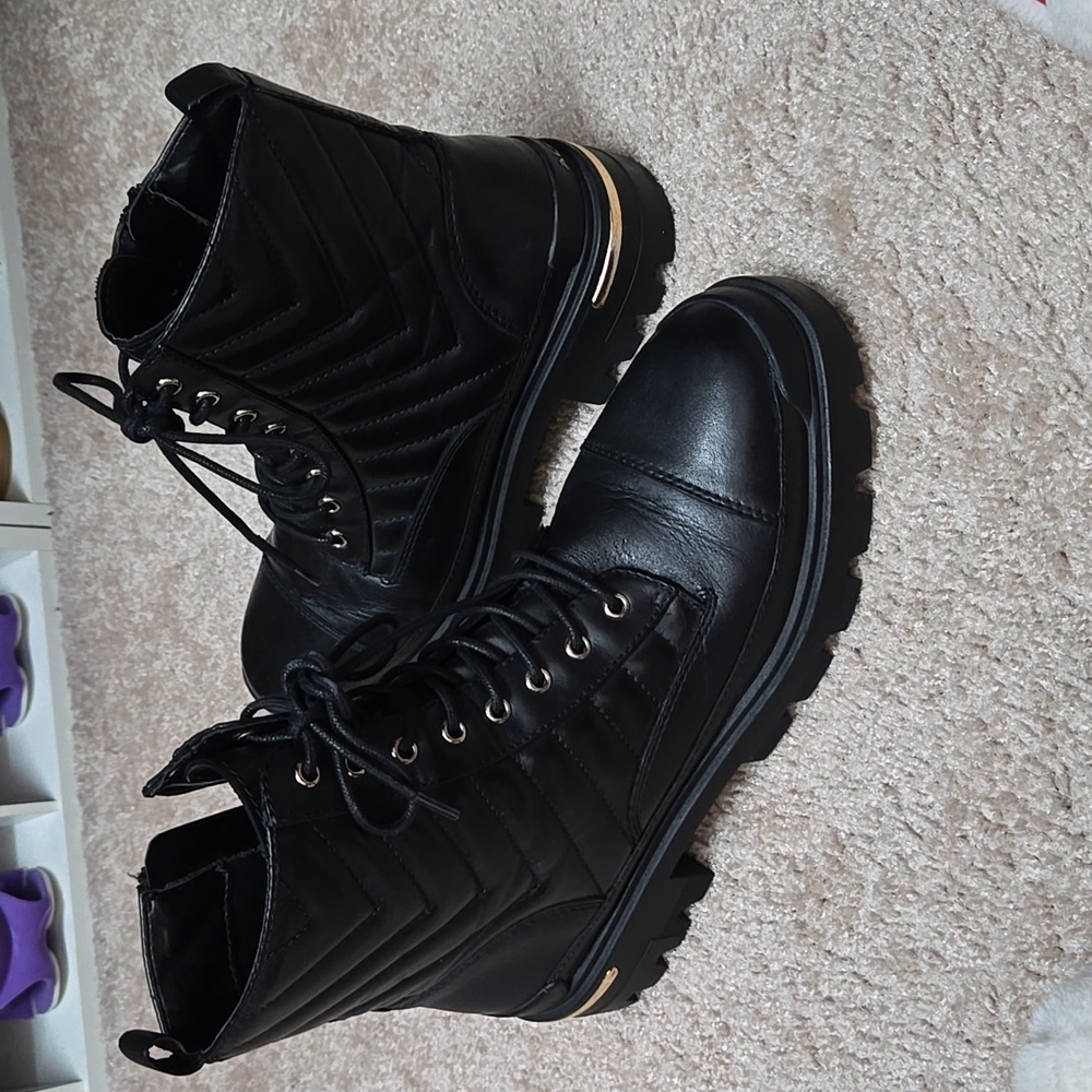 Aldo Black Quilted Lace Up Leather Combat Boots with Zipper